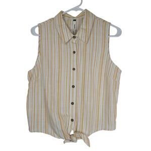 Sybilla Women's Yellow Cream Striped Tie in Front Sleeveless Blouse Sz L